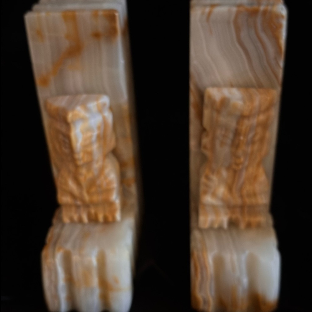 Vintage Beige Tan Onyx Crystal Stone Marble Book Ends